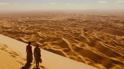   Two individuals stand on a sand dune amidst a desert full of sand dunes