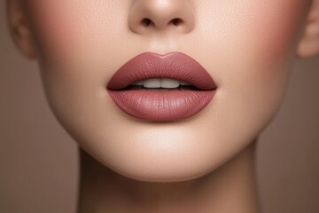 Fototapeta premium Close-up of a woman's glossy lips with soft pink lipstick highlighting beauty and charm