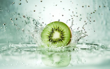 A juicy kiwi fruit, sliced in half, creates a splash of water and droplets upon impact, showcasing its vibrant green flesh and tiny black seeds.