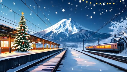 Winter wonderland at a snowy train station featuring a beautifully decorated Christmas tree and bright lights with the majestic Mount Fuji in the backdrop