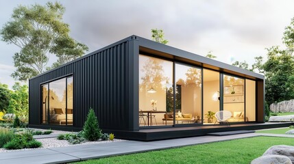 Fototapeta premium Minimal container home with a flat roof, large sliding glass doors, and a small garden, modern container, indoor-outdoor flow