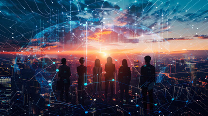 Silhouetted figures against a vibrant sunset, showcasing a network of connections over a city skyline