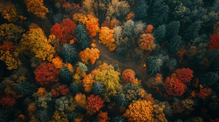 Obraz premium Aerial view of vibrant autumn forest with colorful foliage in various shades of orange, red, and yellow during a clear day