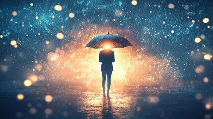 Person standing in the rain with glowing umbrella symbolizing emotional protection
