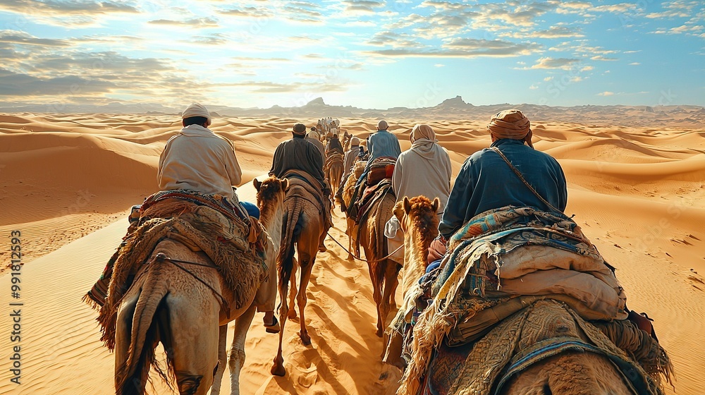 Poster   A desert scene of camel riders with clear blue sky and bright sunshine