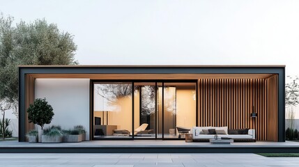 Fototapeta premium Minimal container house with a minimalist pergola and outdoor lounge area, pergola design, relaxed living