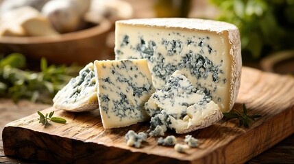   A blue cheese sits atop a wooden board alongside mushrooms and more mushrooms