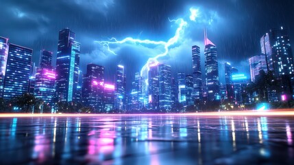 A dramatic thunderstorm illuminates a city skyline with striking lightning, causing power outages and showcasing the raw power of nature against urban life.