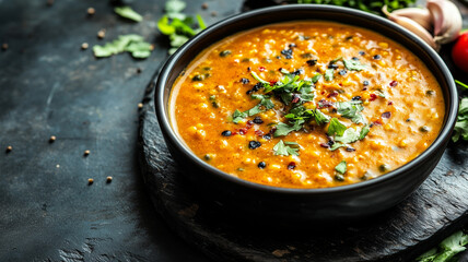 copy space, stockphoto, Masoor Dal Tadka dish. Delicious flavorful, healthy Indian lentil curry made with red lentils. Typical traditional Indian meal.