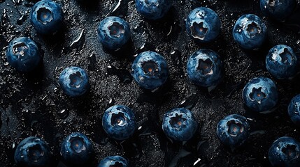   A cluster of blueberries rests atop a dark table, surrounded by water droplets