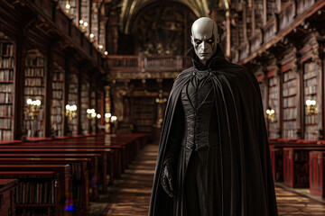 Naklejka premium mysterious figure in dark cloak stands in ornate library filled with books, exuding eerie yet captivating presence. atmosphere is rich with history and intrigue