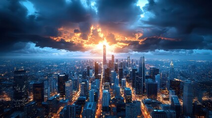 Fototapeta premium A stunning view of a financial city hub illuminated by dramatic light emerging through dark clouds. The skyscrapers stand tall against a dynamic sky, creating an atmospheric urban landscape.