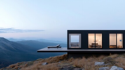 Fototapeta premium Minimal container house with a black and white exterior, set on a hillside with a small wooden deck, monochrome design, elegant simplicity