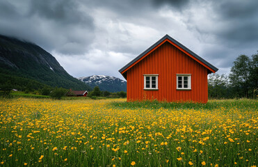 an orange house in the distance, surrounded by yellow flowers and mountains