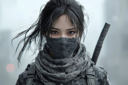 determined female zombie hunter stands in post apocalyptic setting, wearing mask and tattered clothing. Her fierce gaze reflects resilience and survival in harsh world