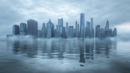 Fototapeta premium Urban landscape underwater with skyscrapers drowning, symbolizing global climate crisis
