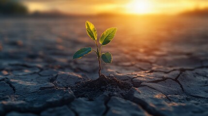 Young sapling growing in a cracked desert symbolizing hope and resilience in climate change