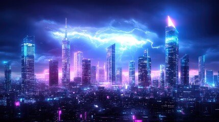 A dramatic urban skyline illuminated by a thunderstorm, showcasing modern buildings during a lightning storm at night. A mix of vibrant colors enhances the atmosphere.