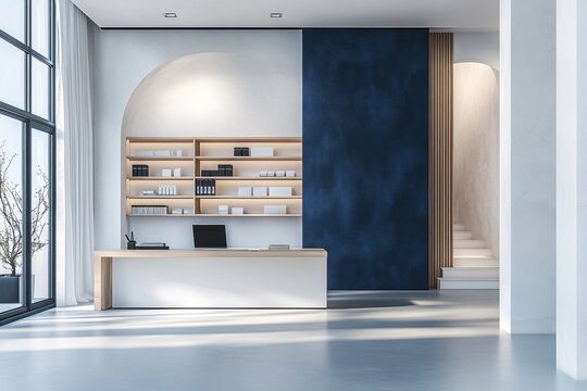 Modern office interior with desk, chair, and laptop in bright room with city view. 3D Rendering