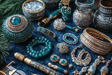 Fototapeta premium A stylish flat lay of various handmade jewelry pieces. Generative AI