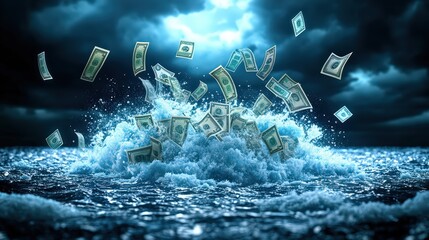 A tumultuous scene featuring banknotes flying through a stormy sea, driven by strong winds and dark clouds, creating a chaotic yet captivating image.