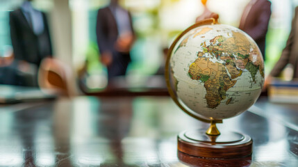 A globe on a table with blurred figures in business attire during a meeting in an office setting