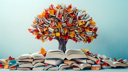 A tree made of books, with colorful leaves and various sizes representing different techniques for teaching reading skills