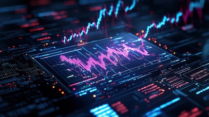 Obraz premium A dynamic financial data display featuring stock tickers and charts, showcasing market trends and analytics in a tech-oriented environment. Perfect for finance-related content.
