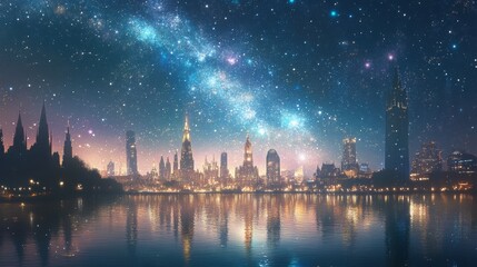 Fototapeta premium City Skyline Reflected in Water Under Starry Night, cityscape, night photography, city lights