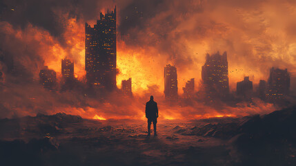 Fototapeta premium Man standing field sky background black metal album cover city fire orange tones twisted lucid dream path exile gold ghosts machine ruined lost despair golden descent. Lost City. Illustration