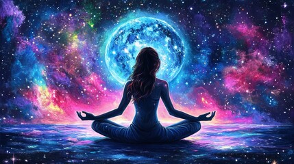 Cosmic Meditation Woman Silhouetted Against a Galaxy and Blue Moon, Digital Art, Painting, Space, Meditation, Tranquility