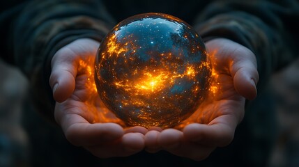 A person holds a glowing glass sphere in their cupped hands.  The sphere contains swirling light and stars.