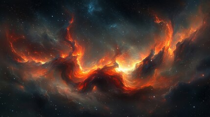 Fiery Nebula in the Cosmos, Digital Art, Space, Cosmic Landscape, Stars, Galaxy, Nebula