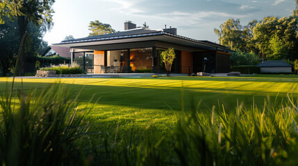 Obraz premium A large house with a large lawn and a lot of greenery. The house is surrounded by trees and has a lot of windows.