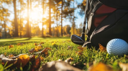 Golf Bag and Ball on Green Grass, Autumn Foliage, Sunny Day, Golf Equipment, Golf Course, Fall Golf, Golf Gear