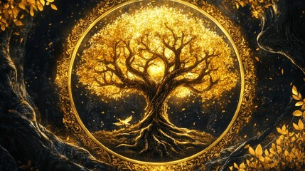 Naklejka premium Golden Tree of Life in Ornate Frame, Digital Art, Fantasy, Tree of Life, Golden Tree, Fantasy Art
