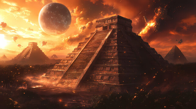 Mayan pyramids surrounded by anti gravity fields, as scholars study advanced astronomy with alien tech. Mayan Pyramid. Illustration