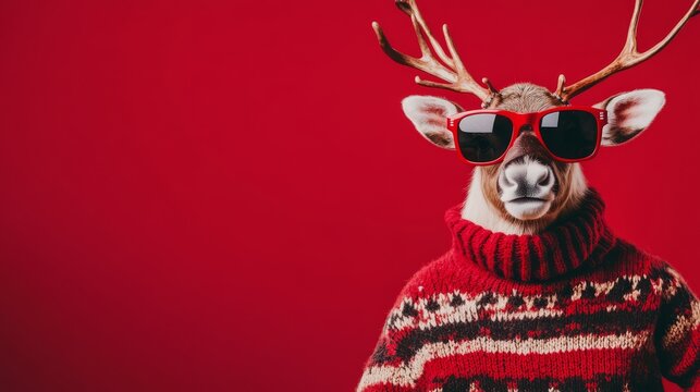 Reindeer in Red Sweater with Sunglasses Against a Red Background, Christmas, holiday, reindeer