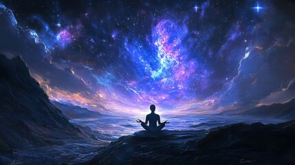 Fototapeta premium Silhouette of a Woman Meditating Under a Starry Sky, Digital Art, Cosmic Energy, Mystical Landscape, Meditation, Spirituality, Night Sky