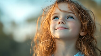 Fototapeta premium a little girl with long hair smiling and looking up at the sky