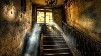 Sunbeams Illuminating a Decaying Staircase, Awe-Inspiring Light Through a Ruined Window, Abandoned Mansion, Light, Decay, Interior , Staircase