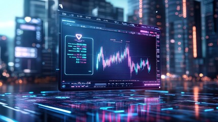 Obraz premium A futuristic visualization of stock market dynamics, showcasing fluctuating data and trading indicators against a backdrop of storm clouds, symbolizing market volatility.