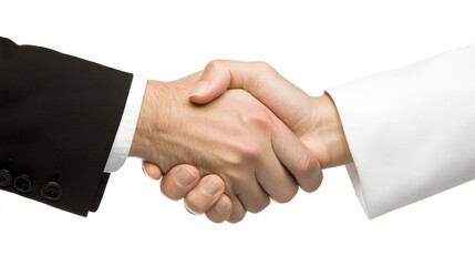 Two Hands Shaking in Agreement, Close-up of two hands shaking with one person wearing a suit and the other wearing a white shirt, handshake, agreement, deal, partnership