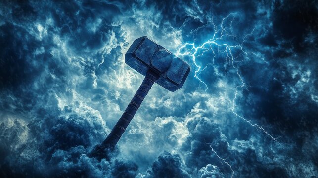 Thunderous Hammer in Stormy Sky, digital art, fantasy, lightning, storm, hammer, Mjolnir