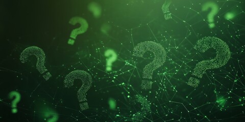 Floating question marks on a dark green background symbolizing curiosity and inquiry in AI