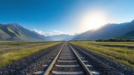 Scenic Railway Track Under Bright Sky and Mountains
