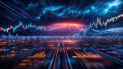 Fototapeta premium A dramatic thunderstorm looms over a digital financial landscape, symbolizing market volatility and investment risks amid a futuristic city skyline.
