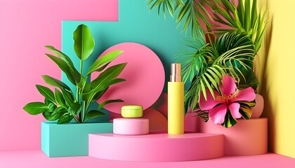 Vibrant geometric shapes and lush tropical plants create an abstract minimalistic setting for showcasing cosmetics or jewelry products