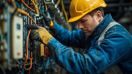 A man in a yellow hard hat is working on electrical wires. He is wearing a blue jacket and yellow gloves
