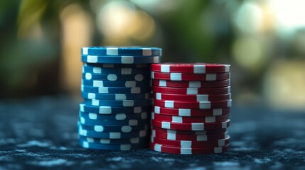 a stack of poker chips sitting on top of a table next to each other